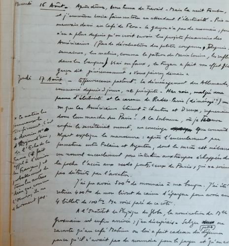 Jean Coulomb, Journal de la Libération (extrait), Bibliothèque Ulm-LSH, fonds Jean Coulomb, COU I